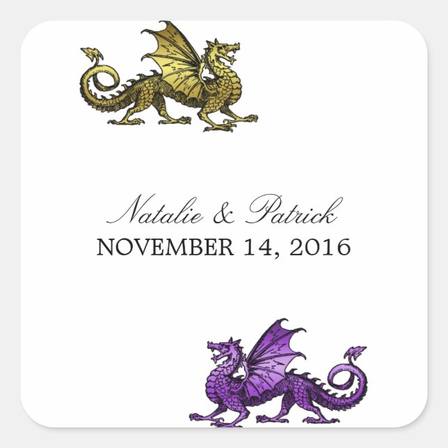 Gold Lila Dragon Wedding Stickers (Vorderseite)