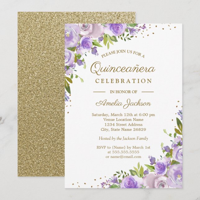 Gold Lila Floral Watercolor Quinceanera Einladung (Vorne/Hinten)