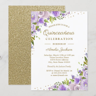 Gold Lila Floral Watercolor Quinceanera Einladung