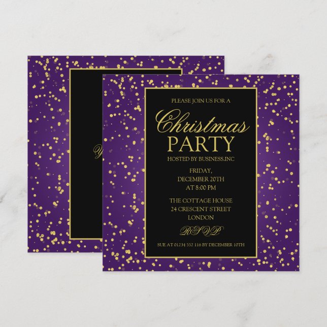 Gold Lila Foil Glitzer Dots Weihnachtsfest Party Einladung (Vorne/Hinten)