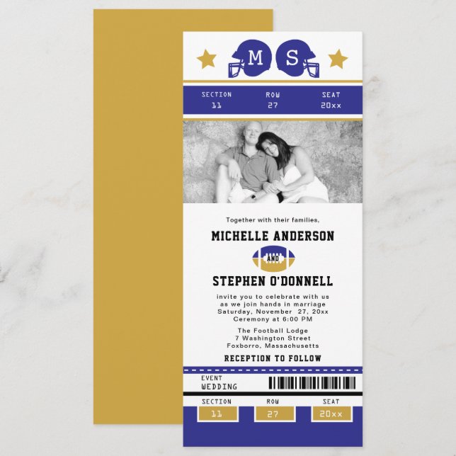 Gold Lila Football Ticket Hochzeit Einladung (Vorne/Hinten)