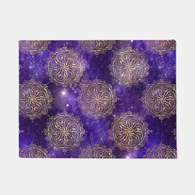 Gold & Lila Galaxy Dharma Mandala Muster Fußmatte (Vorderseite)