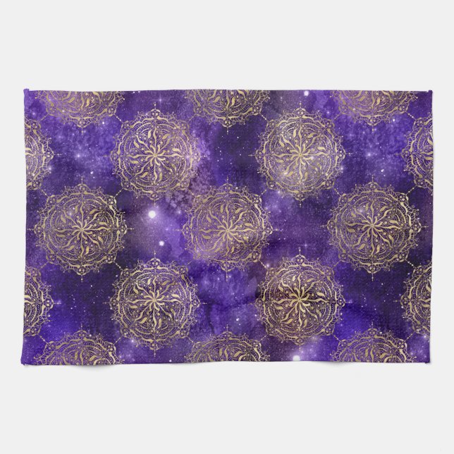 Gold & Lila Galaxy Dharma Mandala Muster Geschirrtuch (Horizontal)