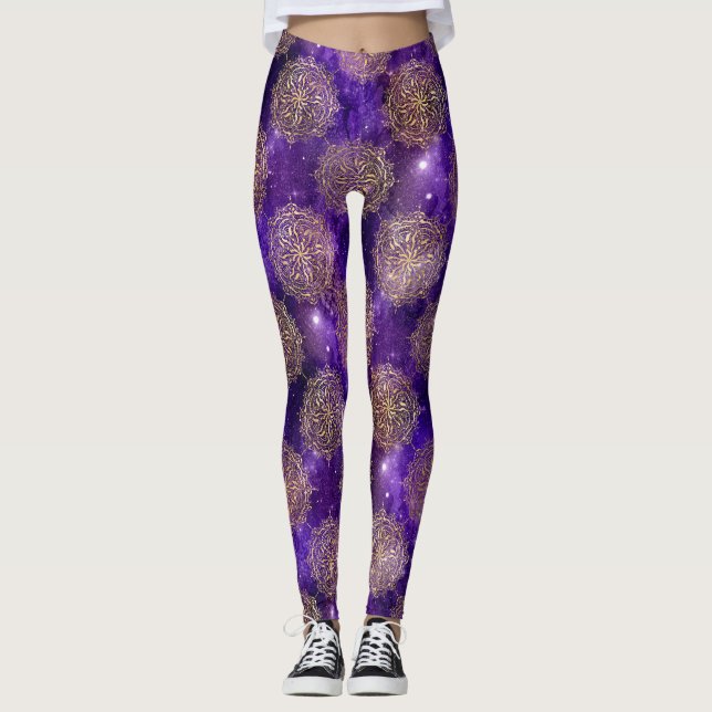 Gold & Lila Galaxy Dharma Mandala Muster Leggings (Vorderseite)