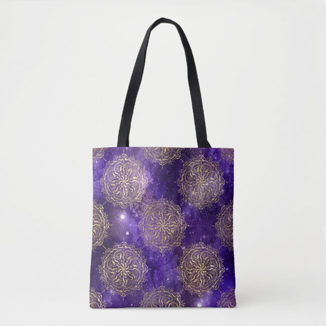 Gold & Lila Galaxy Dharma Mandala Muster Tasche (Vorderseite)