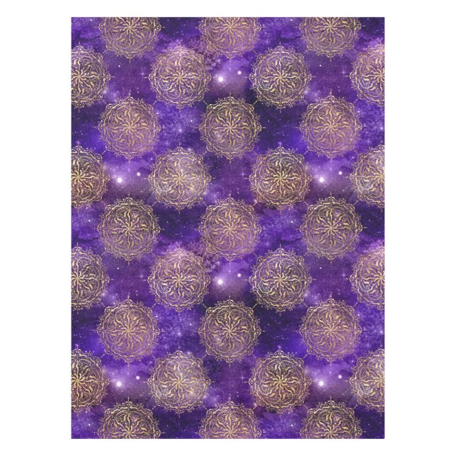 Gold & Lila Galaxy Dharma Mandala Muster Tischdecke (Vorderseite)