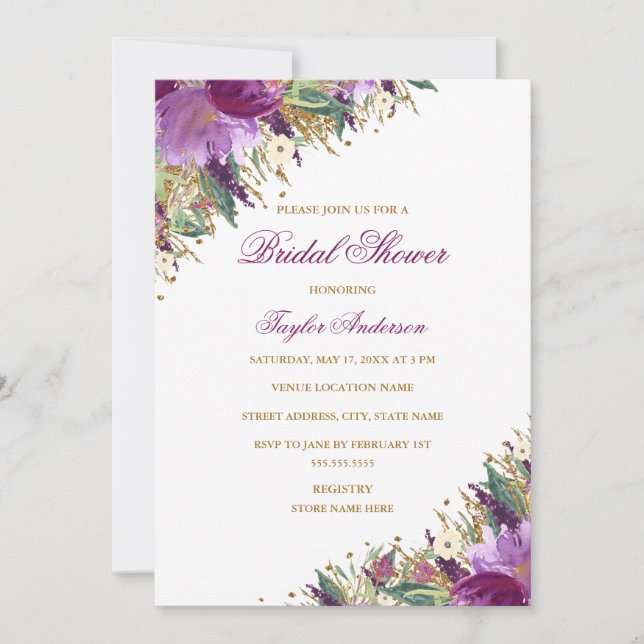 Gold Lila Glitzer Amethyst Floral Brautparty Einladung (Vorderseite)