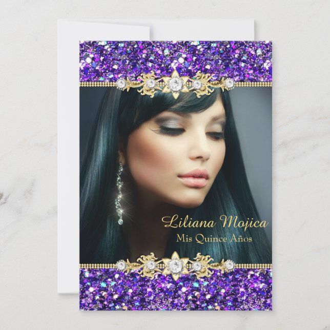 Gold Lila Glitzer und Jewel Bow Quinceanera Einladung (Vorderseite)