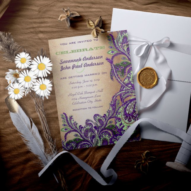Gold Lila Green Vintag Peacock Paisley Wedding Einladung (Von Creator hochgeladen)
