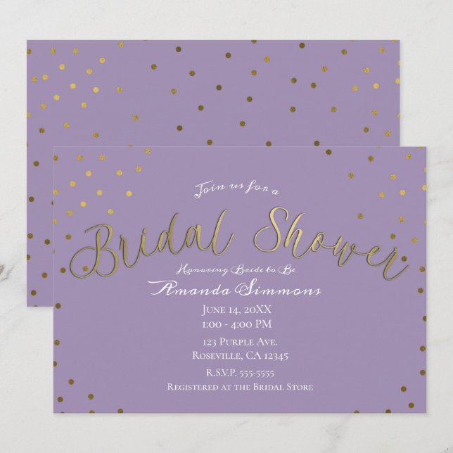 Gold & Lila Lilac Modernes Glam Brautparty Einladung (Vorne/Hinten)
