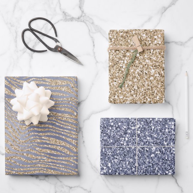 Gold Lila Luxe Glitzer Zebra Geschenkpapier Set (Vorderseite)