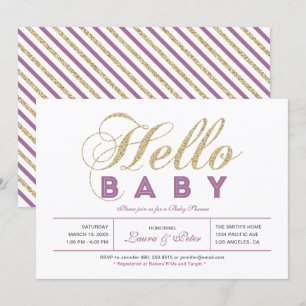 Gold, Lila   Mädchen, Moderne Typografie Baby-Empf Einladung
