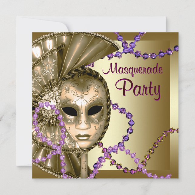 Gold Lila Mardi Gras Beads Masquerade Party Einladung (Vorderseite)