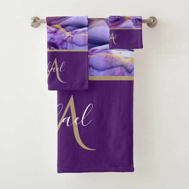 Gold & Lila Marmormatte & Monogram Luxus Badhandtuch Set (Insitu)