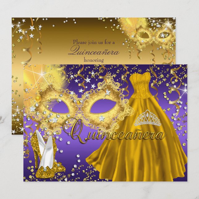 Gold Lila Mask Masquerade Quinceanera Einladung (Vorne/Hinten)
