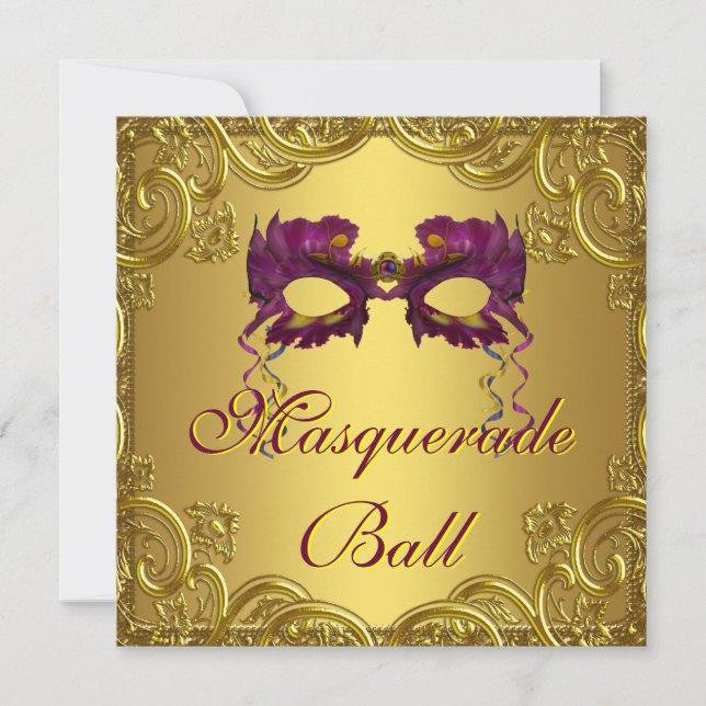 Gold Lila Maske Lila Masquera Ball Party Einladung (Vorderseite)