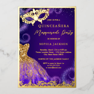 Gold Lila Masquerade Party Dress Quinceanera Folieneinladung