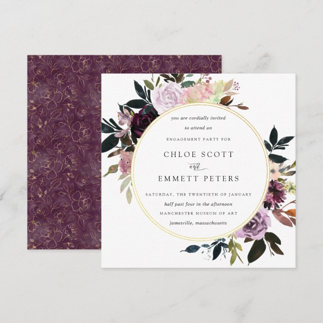 Gold Lila Mauve Rosa Floral Engagement Party Einladung (Vorne/Hinten)