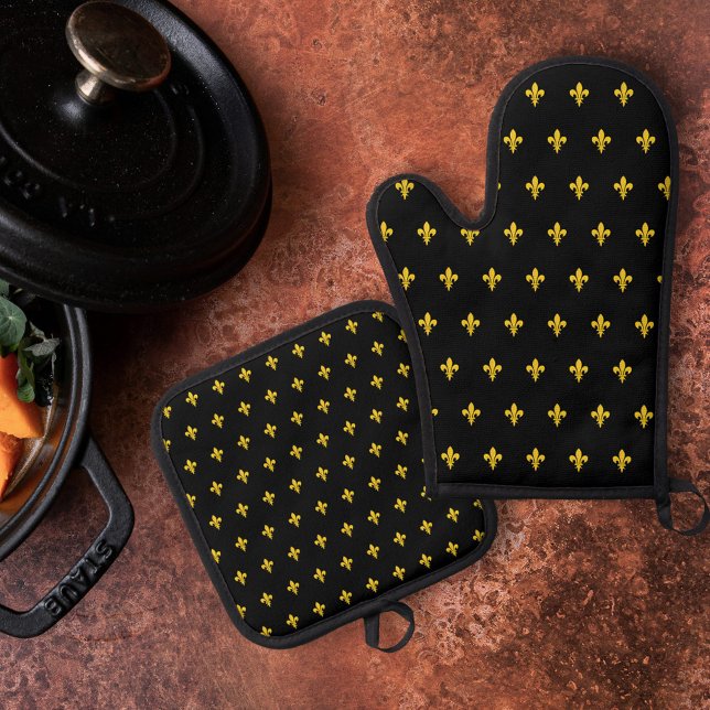 Gold Lilie Black Ofenhandschuh & Topflappen-Set (Gold Fleur de Lis Black Oven Mitt & Pot Holder Set)