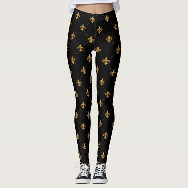 Gold Lilie Elegantes Damask-Muster Schwarz Leggings (Vorderseite)