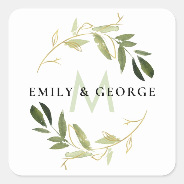 GOLD LIME GREEN FOLIAGE MONOGRAM WREATH WEDH QUADRATISCHER AUFKLEBER (Vorderseite)