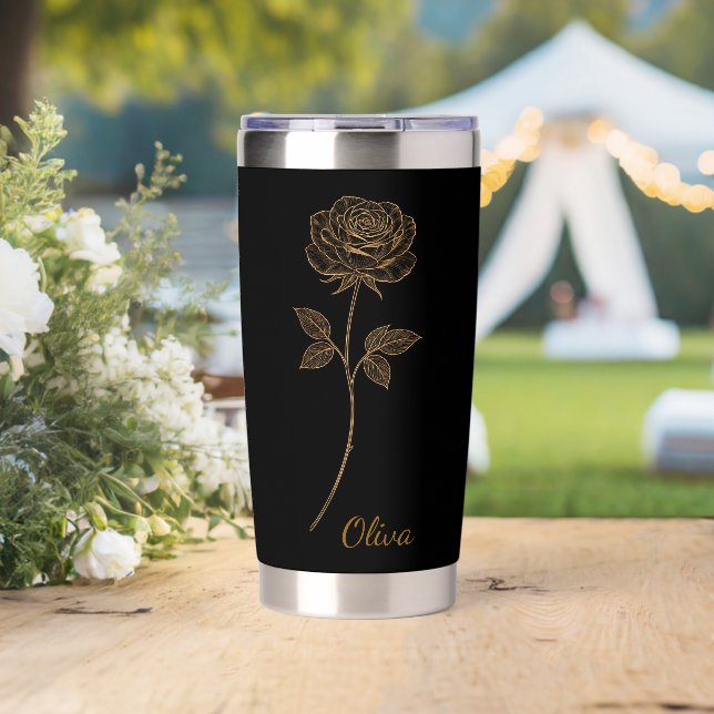 Gold Line Art Rose Custom Name Gift Thermobecher (Hochzeit (gedreht))