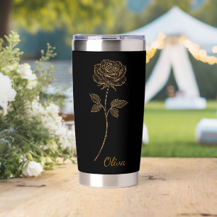 Gold Line Art Rose Geschenk mit individuellem Name Thermobecher