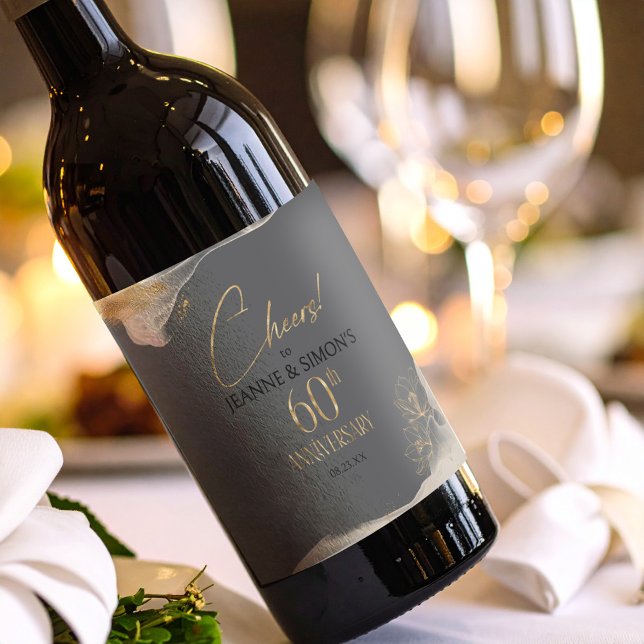 Gold Line Floral 60th Anniversary Cheers ID1169 Weinetikett (Von Creator hochgeladen)