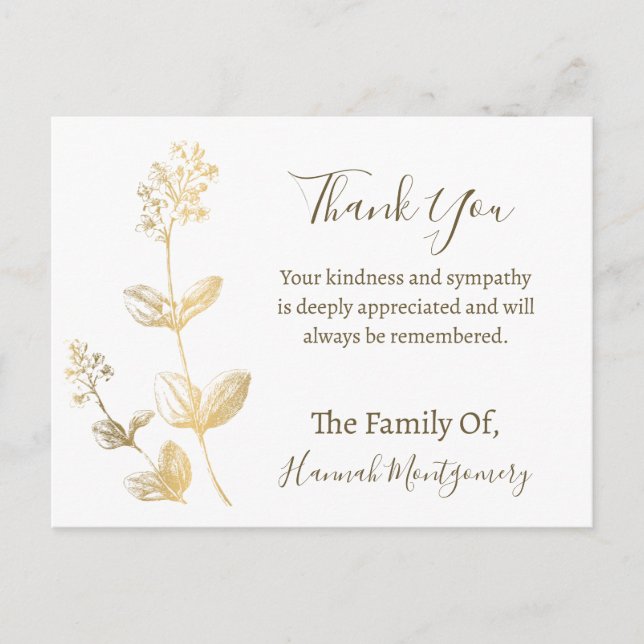 Gold Line Floral Beileid Vielen Dank Postcard Postkarte (Vorderseite)