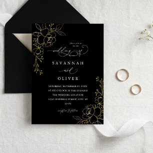 Gold-Lined Bloral Black Wedding Einladungen