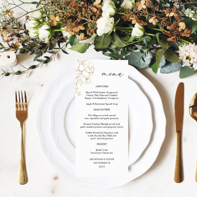 Gold Lined Floral Tall Menu Menükarte (Von Creator hochgeladen)