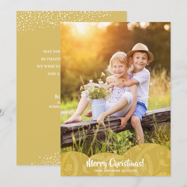 Gold Linen Filigree Foto Weihnachtskarte Feiertagskarte (Vorne/Hinten)