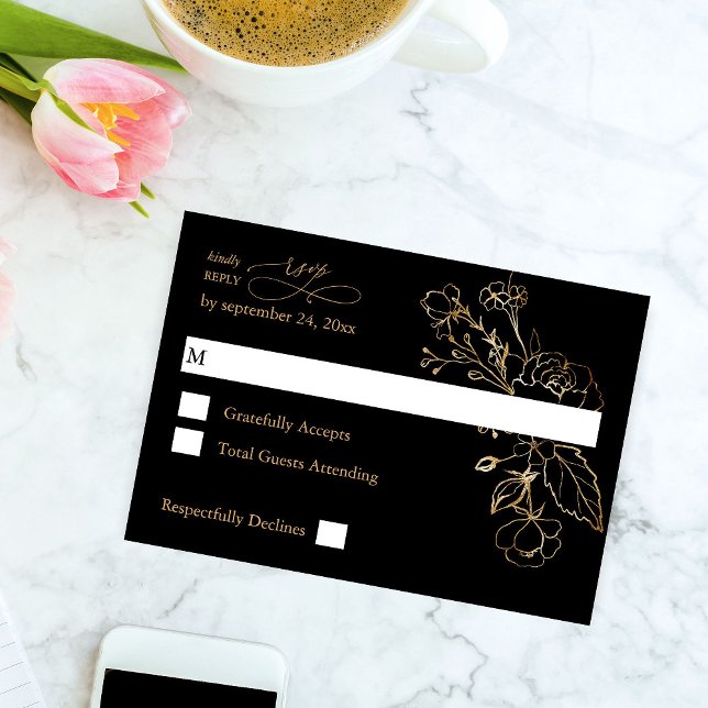 Gold Linierte Blütenblätter auf Black & Gold auf d RSVP Karte (Von Creator hochgeladen)