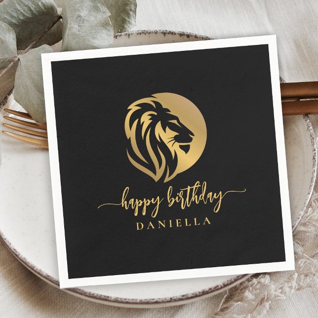 Gold Lion Leo Happy Birthday mit Namen Serviette (Von Creator hochgeladen)