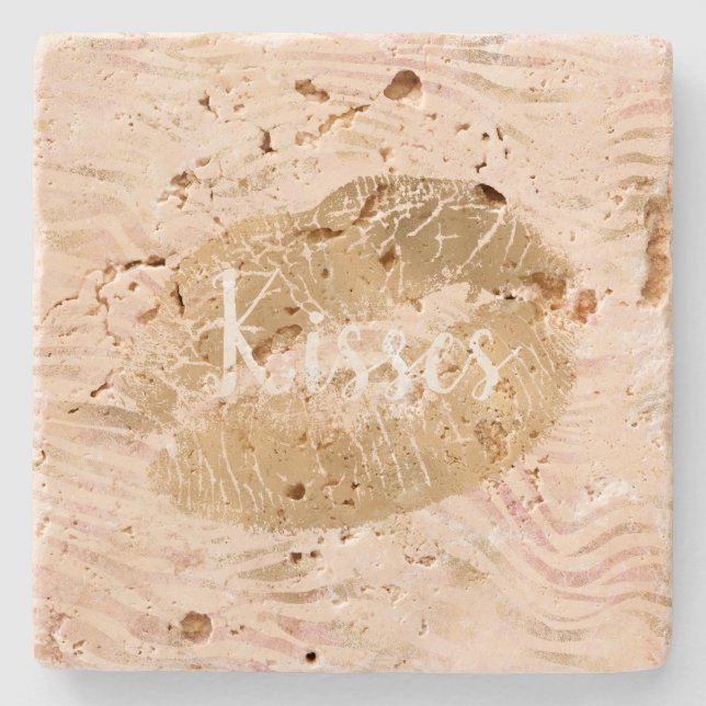 Gold Lippen Kiss Pink Zebra Print Steinuntersetzer (Vorderseite)