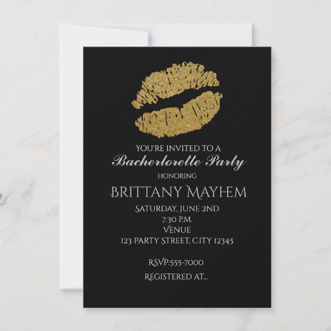 Gold Lips KISS Bachelorette Party Invitation (Devant)