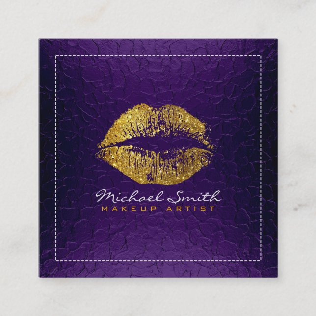 Gold Lips Makeup Artist Modernes Lila Metall Quadratische Visitenkarte (Vorderseite)