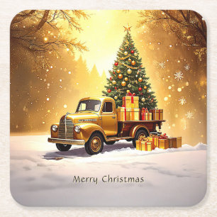 Gold-LKW-Weihnachtsbaum-Feiertags-Papier-Tablett Rechteckiger Pappuntersetzer