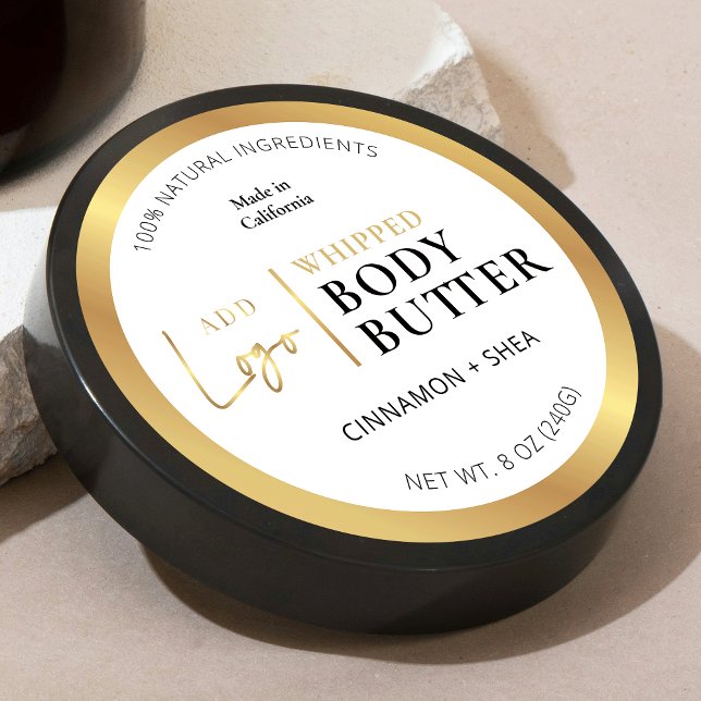Gold Logo Body Butter JAR Round-Product-Label Runder Aufkleber (Elegant white and faux gold logo round product labels - great for jars & tins)