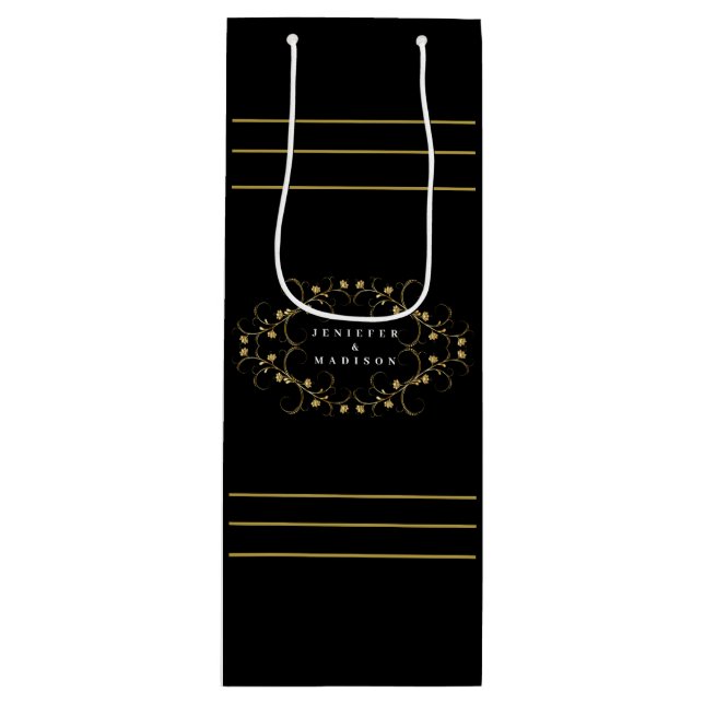 Gold-Logo für Schwarz und Weiß-Muster Geschenktüte Für Weinflaschen (Vorderseite)