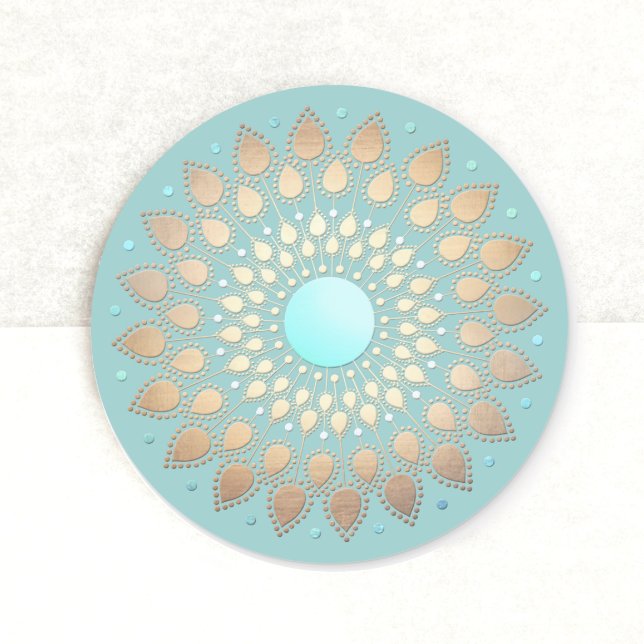 Gold Lotus Floral Mandala Aquamarin Blue Runder Aufkleber (Von Creator hochgeladen)