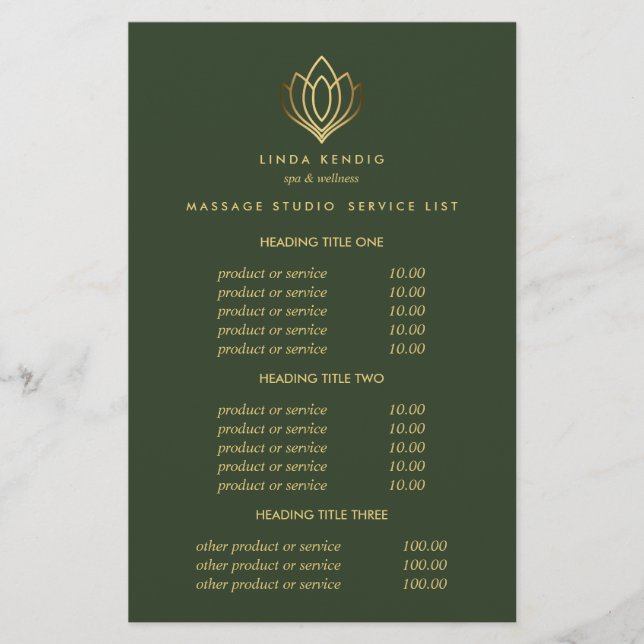 Gold Lotus Green Wellness-Center & Massage Pricing Flyer (Vorne)