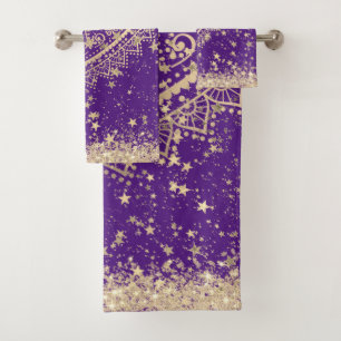 Gold Lotus Mandala avec Gold Stars sur violet