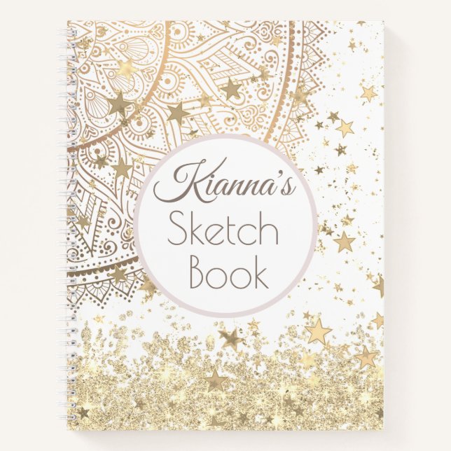 Gold Lotus Mandala mit Gold Stars Glitzer Notizbuch (Vorderseite)