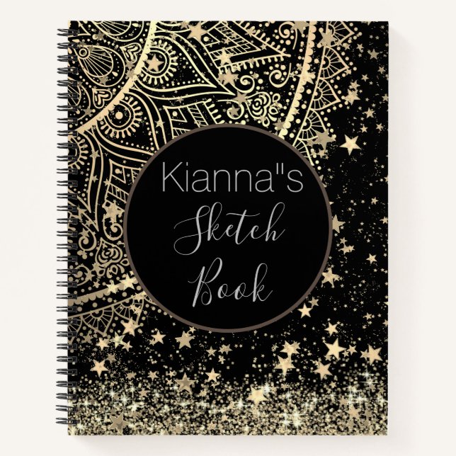 Gold Lotus Mandala mit Gold Stars Sketch Notizbuch (Vorderseite)