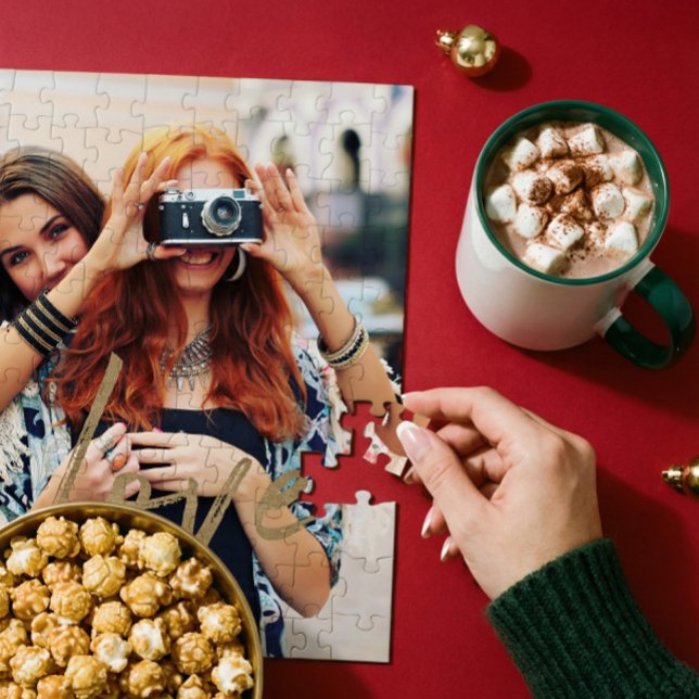 Gold Love Brush Script Overlay Couple Photo Memory (Gold Love Brush Script Overlay Couple Photo Memory Jigsaw Puzzle)