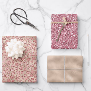 Gold Luxe Blush Pink Glitzer Leopard Print Geschenkpapier Set