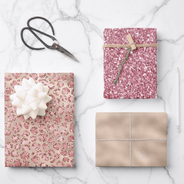 Gold Luxe Blush Pink Glitzer Leopard Print Geschenkpapier Set (Vorderseite)