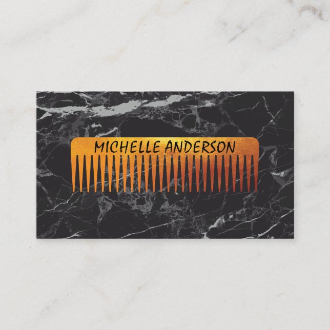 Gold Luxe Comb Hair Stylist | Schwarzer Marmor Visitenkarte (Vorderseite)
