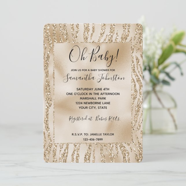 Gold Luxe Glitzer Zebra Print Einladung (Stehend Vorderseite)